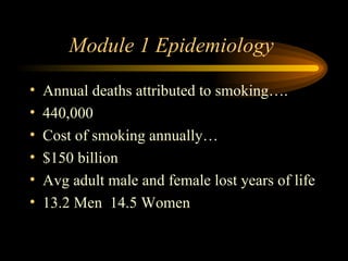 Module 1 Epidemiology  Annual deaths attributed to smoking…. 440,000 Cost of smoking annually… $150 billion Avg adult male and female lost years of life 13.2 Men  14.5 Women 