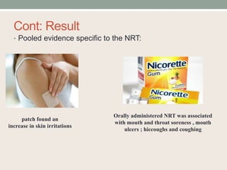 Cont: Result
• Pooled evidence specific to the NRT:
patch found an
increase in skin irritations
Orally administered NRT was associated
with mouth and throat soreness , mouth
ulcers ; hiccoughs and coughing
 