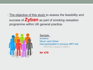 • The objective of this study to assess the feasibility and
success of Zyban as part of smoking cessation
programme within UK general practice.
Sample:
smokers
Never used Zyban
Had participated in previous NRT trial
(PATCH 2 study in 2000 )
N= 479
 