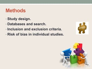 Methods
• Study design.
• Databases and search.
• Inclusion and exclusion criteria.
• Risk of bias in individual studies.
 