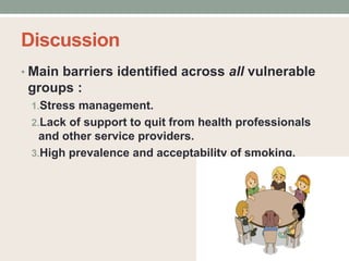 Discussion
• Main barriers identified across all vulnerable
groups :
1.Stress management.
2.Lack of support to quit from health professionals
and other service providers.
3.High prevalence and acceptability of smoking.
 