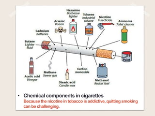 • Chemical components in cigarettes
Because the nicotine in tobacco is addictive, quitting smoking
can be challenging.
 