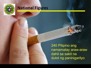 National Figures
240 Pilipino ang
namamatay araw-araw
dahil sa sakit na
dulot ng paninigarilyo
 