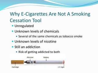 Why E-Cigarettes Are Not A Smoking
Cessation Tool
 Unregulated
 Unknown levels of chemicals
 Several of the same chemicals as tobacco smoke
 Unknown levels of nicotine
 Still an addiction
 Risk of getting addicted to both
 