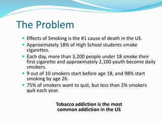 The Problem
 Effects of Smoking is the #1 cause of death in the US.
 Approximately 18% of High School students smoke
cigarettes.
 Each day, more than 3,200 people under 18 smoke their
first cigarette and approximately 2,100 youth become daily
smokers.
 9 out of 10 smokers start before age 18, and 98% start
smoking by age 26.
 75% of smokers want to quit, but less than 2% smokers
quit each year.
Tobacco addiction is the most
common addiction in the US
 