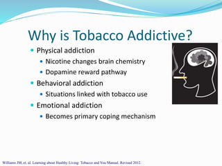 Why is Tobacco Addictive?
 Physical addiction
 Nicotine changes brain chemistry
 Dopamine reward pathway
 Behavioral addiction
 Situations linked with tobacco use
 Emotional addiction
 Becomes primary coping mechanism
Williams JM, et. al. Learning about Healthy Living: Tobacco and You Manual. Revised 2012.
 
