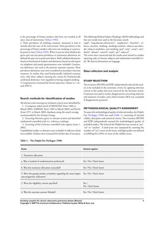 is the percentage of former smokers who have not smoked at all
since time of intervention (Velicer 1992).
2. Point prevalence of smoking cessation, measured at least 6
months after the start of the intervention. Point prevalence is the
percentage of former smokers who were not smoking at a particu-
lar point in time (Velicer 1992). When it was not clear whether the
given quit rate was point prevalence or continuous abstinence we
deﬁned the quit rate as point prevalence. Both validated abstinence
based on biochemical markers and abstinence based on self-report
via telephone and postal questionnaires were included. Continu-
ous abstinence was used as the primary outcome measure. Point
prevalence abstinence rates were considered as secondary outcome
measures. In studies that used biochemically validated cessation
rates, only those subjects meeting the criteria for biochemically
conﬁrmed abstinence were regarded as having stopped smoking.
3. Lung function measured by forced expiratory volume in 1 sec-
ond (FEV1).
Search methods for identiﬁcation of studies
All relevant trials meeting our inclusion criteria were identiﬁed by:
1. A computer aided search of MEDLINE (from 1966 to
March 2002), EMBASE (from 1989 to March 2002) and Psyclit
(from 1971 to March 2002) databases using the search strategy
recommended by the Airways Group;
2. Screening references given in relevant reviews and identiﬁed
randomised controlled trials (i.e. reference tracking);
3. Screening of the Cochrane controlled trials register, Issue 1,
2002;
Unpublished studies or abstracts were included if sufﬁcient detail
was available. Authors were contacted for further data if necessary.
The following Medical Subject Headings, MeSH subheadings and
free text words were used in the literature search:
copd*, lung-diseases-obstructive*, emphysem*, bronchit*, to-
bacco, nicotine, smoking, smoking-cessation, tobacco-use-disor-
der, tobacco-smokeless, anti-smoking, quit*, stop*, cessat*, ceas*,
abstin*, abstain*, control*, smok*, giv*, tobacco*.
The terms were connected and the results were limited to studies
reporting only on human subjects and randomised controlled tri-
als. We had no limitations on language.
Data collection and analysis
STUDY SELECTION
Tworeviewers(RVDMandEJW)independentlyselectedthe stud-
ies to be included in the systematic review, by applying selection
criteria to the studies that were retrieved by the literature search.
Consensus was used to resolve disagreements concerning selection
and inclusion of studies and a third reviewer (RO) was consulted
if disagreements persisted.
METHODOLOGICAL QUALITY ASSESSMENT
To assess the methodological quality of selected studies, the Delphi
List (Verhagen 1998) was used (Table 1), consisting of internal
validity, descriptive and statistical criteria. Two reviewers (RVDM
and EJW) independently assessed the methodological quality of
included studies. The items of the Delphi-list were scored as “yes”,
“no” or “unclear”. A total score was computed by counting the
numbers of “yes” scores on the items, and high quality was deﬁned
as fulﬁlling ﬁve (56%) or more of the validity items.
Table 1. The Delphi list (Verhagen 1998)
Items Answer-option
1. Treatment allocation
a. Was a method of randomisation performed? Yes / No / Don’t know
b. Was the treatment allocation concealed? Yes / No / Don’t know
2. Were the groups similar at baseline regarding the most impor-
tant prognostic indicators?
Yes / No / Don’t know
3. Were the eligibility criteria speciﬁed? Yes /
No / Don’t know
4. Was the outcome assessor blinded? Yes / No / Don’t know
4Smoking cessation for chronic obstructive pulmonary disease (Review)
Copyright © 2009 The Cochrane Collaboration. Published by John Wiley & Sons, Ltd.
 