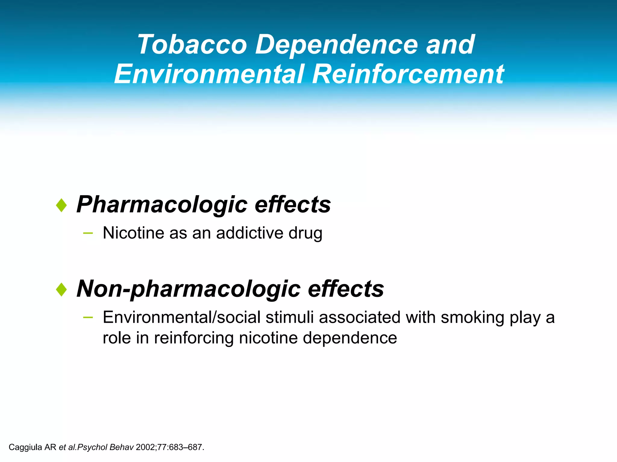 Tobacco Dependence and
Environmental Reinforcement
♦ Pharmacologic effects
– Nicotine as an addictive drug
♦ Non-pharmacologic effects
– Environmental/social stimuli associated with smoking play a
role in reinforcing nicotine dependence
Caggiula AR et al.Psychol Behav 2002;77:683–687.
 