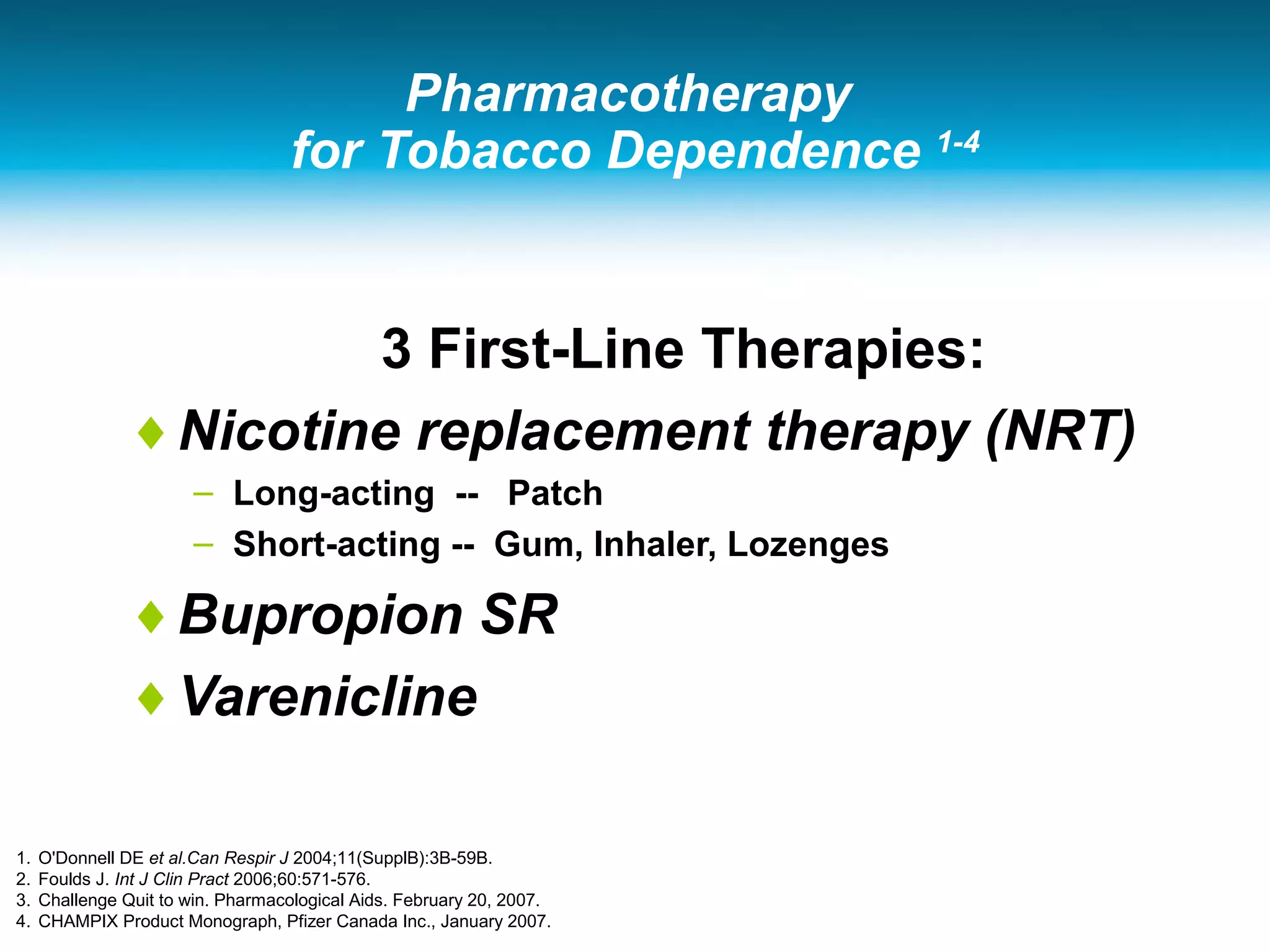 Pharmacotherapy
for Tobacco Dependence 1-4
3 First-Line Therapies:
♦Nicotine replacement therapy (NRT)
– Long-acting -- Patch
– Short-acting -- Gum, Inhaler, Lozenges
♦Bupropion SR
♦Varenicline
1. O'Donnell DE et al.Can Respir J 2004;11(SupplB):3B-59B.
2. Foulds J. Int J Clin Pract 2006;60:571-576.
3. Challenge Quit to win. Pharmacological Aids. February 20, 2007.
4. CHAMPIX Product Monograph, Pfizer Canada Inc., January 2007.
 