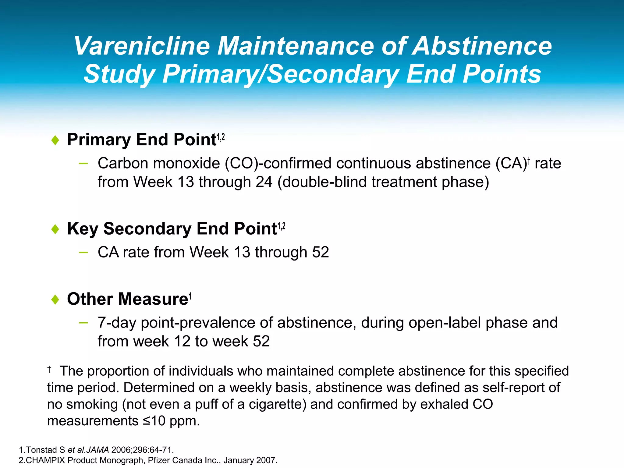 Varenicline Maintenance of Abstinence
Study Primary/Secondary End Points
♦ Primary End Point1,2
– Carbon monoxide (CO)-confirmed continuous abstinence (CA)†
rate
from Week 13 through 24 (double-blind treatment phase)
♦ Key Secondary End Point1,2
– CA rate from Week 13 through 52
♦ Other Measure1
– 7-day point-prevalence of abstinence, during open-label phase and
from week 12 to week 52
†
The proportion of individuals who maintained complete abstinence for this specified
time period. Determined on a weekly basis, abstinence was defined as self-report of
no smoking (not even a puff of a cigarette) and confirmed by exhaled CO
measurements ≤10 ppm.
1.Tonstad S et al.JAMA 2006;296:64-71.
2.CHAMPIX Product Monograph, Pfizer Canada Inc., January 2007.
 