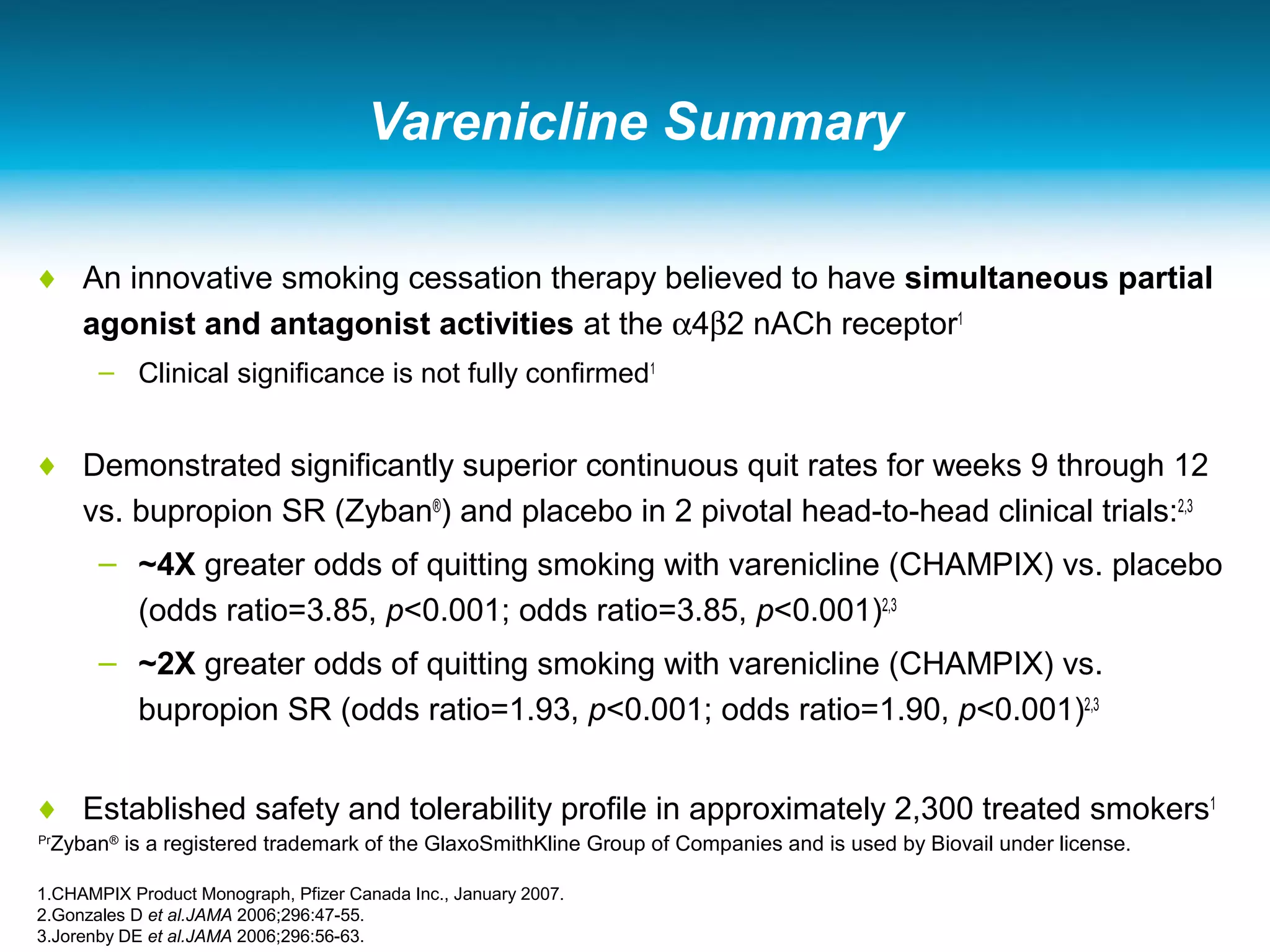 Varenicline Summary
♦ An innovative smoking cessation therapy believed to have simultaneous partial
agonist and antagonist activities at the α4β2 nACh receptor1
– Clinical significance is not fully confirmed1
♦ Demonstrated significantly superior continuous quit rates for weeks 9 through 12
vs. bupropion SR (Zyban®
) and placebo in 2 pivotal head-to-head clinical trials:2,3
– ~4X greater odds of quitting smoking with varenicline (CHAMPIX) vs. placebo
(odds ratio=3.85, p<0.001; odds ratio=3.85, p<0.001)2,3
– ~2X greater odds of quitting smoking with varenicline (CHAMPIX) vs.
bupropion SR (odds ratio=1.93, p<0.001; odds ratio=1.90, p<0.001)2,3
♦ Established safety and tolerability profile in approximately 2,300 treated smokers1
1.CHAMPIX Product Monograph, Pfizer Canada Inc., January 2007.
2.Gonzales D et al.JAMA 2006;296:47-55.
3.Jorenby DE et al.JAMA 2006;296:56-63.
Pr
Zyban®
is a registered trademark of the GlaxoSmithKline Group of Companies and is used by Biovail under license.
 