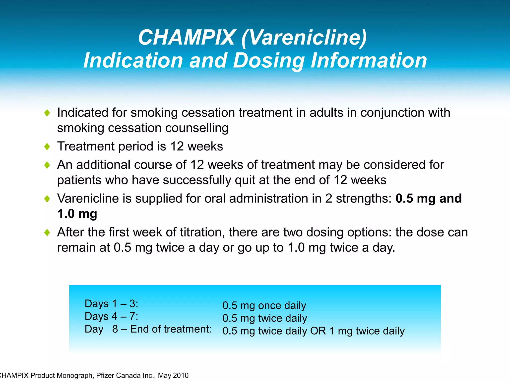 CHAMPIX (Varenicline)
Indication and Dosing Information
♦ Indicated for smoking cessation treatment in adults in conjunction with
smoking cessation counselling
♦ Treatment period is 12 weeks
♦ An additional course of 12 weeks of treatment may be considered for
patients who have successfully quit at the end of 12 weeks
♦ Varenicline is supplied for oral administration in 2 strengths: 0.5 mg and
1.0 mg
♦ After the first week of titration, there are two dosing options: the dose can
remain at 0.5 mg twice a day or go up to 1.0 mg twice a day.
Days 1 – 3:
Days 4 – 7:
Day 8 – End of treatment:
0.5 mg once daily
0.5 mg twice daily
0.5 mg twice daily OR 1 mg twice daily
CHAMPIX Product Monograph, Pfizer Canada Inc., May 2010
 