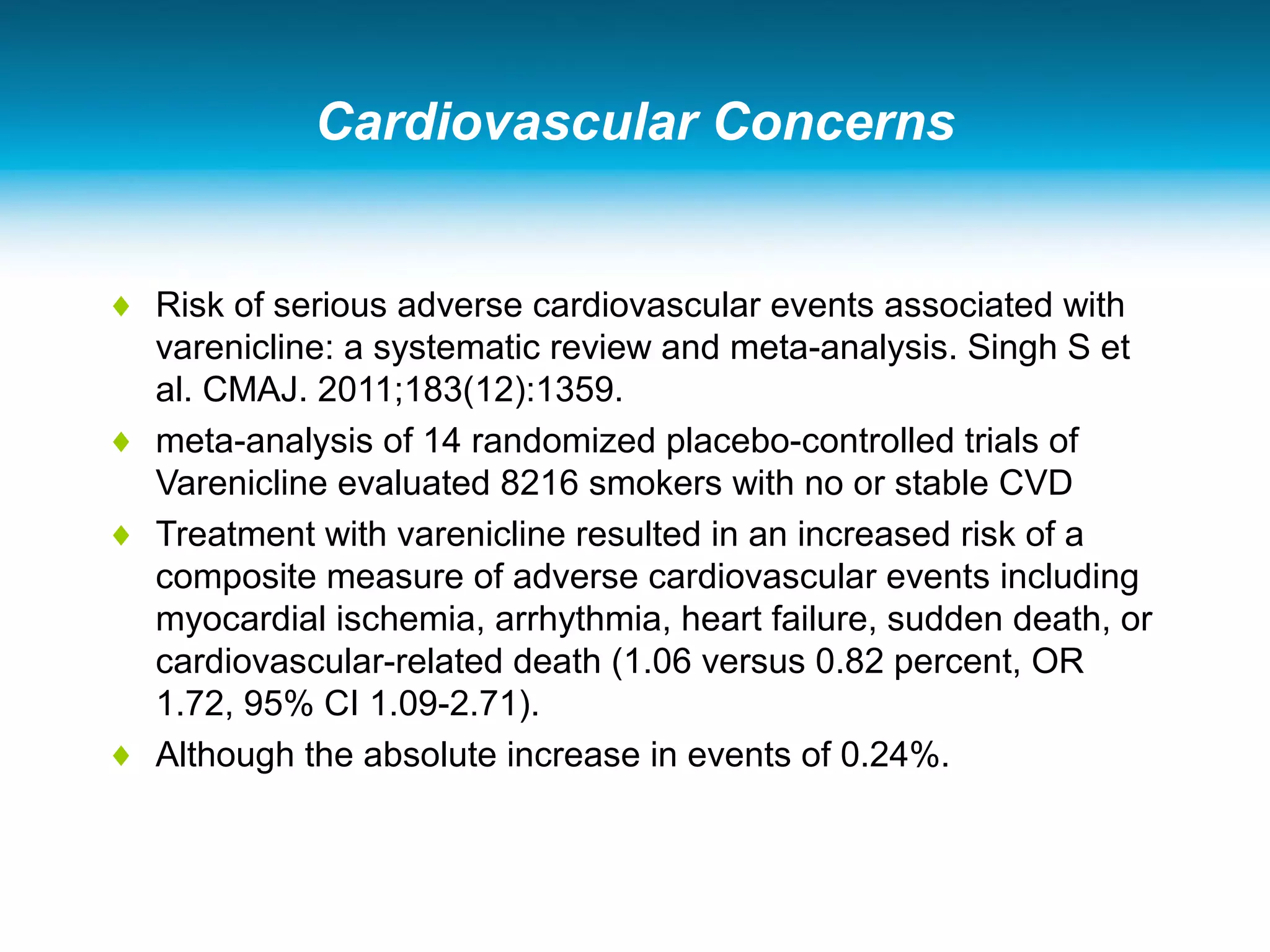 Cardiovascular Concerns
♦ Risk of serious adverse cardiovascular events associated with
varenicline: a systematic review and meta-analysis. Singh S et
al. CMAJ. 2011;183(12):1359.
♦ meta-analysis of 14 randomized placebo-controlled trials of
Varenicline evaluated 8216 smokers with no or stable CVD
♦ Treatment with varenicline resulted in an increased risk of a
composite measure of adverse cardiovascular events including
myocardial ischemia, arrhythmia, heart failure, sudden death, or
cardiovascular-related death (1.06 versus 0.82 percent, OR
1.72, 95% CI 1.09-2.71).
♦ Although the absolute increase in events of 0.24%.
 