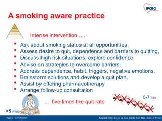 Page 16 - © IPCRG 2007
Page 16 - © IPCRG 2007
Page 16 - © IPCRG 2007
A smoking aware practice
Adapted from Litt J, et al. Asia Pacific Fam Med. 2003; 2: 175-9
>5 mins
5-7 fold
Intense intervention ....
... five times the quit rate
• Ask about smoking status at all opportunities
• Assess desire to quit, dependence and barriers to quitting,
• Discuss high risk situations, explore confidence
• Advise on strategies to overcome barriers.
• Address dependence, habit, triggers, negative emotions.
• Brainstorm solutions and develop a quit plan.
• Assist by offering pharmacotherapy
• Arrange follow-up consultation
 