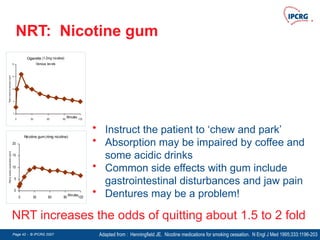 Page 42 - © IPCRG 2007
Page 42 - © IPCRG 2007
Page 42 - © IPCRG 2007
NRT: Nicotine gum
Adapted from : Henningfield JE. Nicotine medications for smoking cessation. N Engl J Med 1995;333:1196-203
NRT increases the odds of quitting about 1.5 to 2 fold
Nicotine gum (4mg nicotine)
0
5
10
15
20
0 30 60 90 120
Minutes
Plasma
nicotine
concentration
(ng/ml)
• Instruct the patient to ‘chew and park’
• Absorption may be impaired by coffee and
some acidic drinks
• Common side effects with gum include
gastrointestinal disturbances and jaw pain
• Dentures may be a problem!
Cigarette (1-2mg nicotine)
Venous levels
0
5
10
15
20
0 30 60 90 120
Minutes
Plasma
nicotine
concentration
(ng/ml)
 