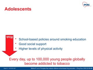 Page 50 - © IPCRG 2007
Page 50 - © IPCRG 2007
Page 50 - © IPCRG 2007
Adolescents
Midford R, et al. Principles that underpin effective school-based drug education. J Drug Educ 2002;32:363-86
Every day, up to 100,000 young people globally
become addicted to tobacco
• School-based policies around smoking education
• Good social support
• Higher levels of physical activity
Risk
 