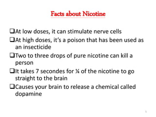Facts about Nicotine
At low doses, it can stimulate nerve cells
At high doses, it’s a poison that has been used as
an insecticide
Two to three drops of pure nicotine can kill a
person
It takes 7 secondes for ¼ of the nicotine to go
straight to the brain
Causes your brain to release a chemical called
dopamine
5
 