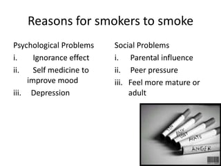 Reasons for smokers to smoke
Psychological Problems
i. Ignorance effect
ii. Self medicine to
improve mood
iii. Depression
Social Problems
i. Parental influence
ii. Peer pressure
iii. Feel more mature or
adult
 