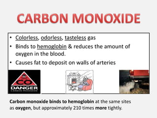 • Colorless, odorless, tasteless gas
• Binds to hemoglobin & reduces the amount of
oxygen in the blood.
• Causes fat to deposit on walls of arteries
Carbon monoxide binds to hemoglobin at the same sites
as oxygen, but approximately 210 times more tightly.
 