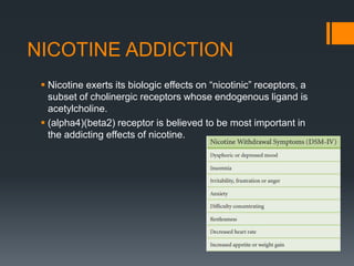 NICOTINE ADDICTION
 Nicotine exerts its biologic effects on “nicotinic” receptors, a
subset of cholinergic receptors whose endogenous ligand is
acetylcholine.
 (alpha4)(beta2) receptor is believed to be most important in
the addicting effects of nicotine.
 