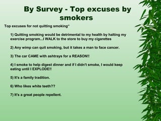 By Survey - Top excuses by
smokers
Top excuses for not quitting smoking“
1) Quitting smoking would be detrimental to my health by halting my
exercise program...I WALK to the store to buy my cigarettes
2) Any wimp can quit smoking, but it takes a man to face cancer.
3) The car CAME with ashtrays for a REASON!!
4) I smoke to help digest dinner and if I didn't smoke, I would keep
eating until I EXPLODE!!
5) It's a family tradition.
6) Who likes white teeth??
7) It's a great people repellent.
 