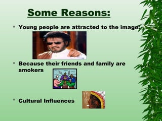 Some Reasons:
 Young people are attracted to the image:
 Because their friends and family are
smokers

Cultural Influences
 