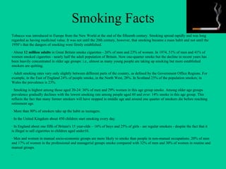 Smoking Facts Tobacco was introduced to Europe from the New World at the end of the fifteenth century. Smoking spread rapi...