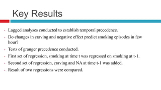 Key Results
• Lagged analyses conducted to establish temporal precedence.
• Do changes in craving and negative effect predict smoking episodes in few
hour?
• Tests of granger precedence conducted.
• First set of regression, smoking at time t was regressed on smoking at t-1.
• Second set of regression, craving and NA at time t-1 was added.
• Result of two regressions were compared.
 
