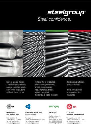 Steel confidence.
Barre in acciaio trafilate
a freddo in sezione tonda,
quadra, esagonale, piatta.
Barre tonde pelate, barre
rettificate, barre zincate.
Trefoli a 2-3-7 fili a basso
rilassamento per cemento
armato precompresso,
lisci, improntati, zincati,
viplati, compattati.
Fili per c.a.p. e post-tensione.
Fili d’acciaio patentati,
zincati e fosfatati.
Fili d’acciaio pelati
e temprati ad alta
resistenza.
Metallurgica
Alta Brianza SpA
Viale Brodolini, 18
23900 Lecco (LC) - Italia
Tel. +39.0341.222911
www.steelgroup.com
CB Trafilati Acciai SpA
con socio unico
Via Laghi, 64
36056 Tezze sul Brenta (VI) Italia
Tel. + 39.0424.560005
www.steelgroup.com
F.A.R. SpA
Via Camp Lonc, 17
Z.I. Villapaiera
32032 Feltre (BL) Italia
Tel. +39.0439.880008
www.steelgroup.com
I.T.A. SpA
Industria Trafilati Acciai
Via Lago Vecchio, 9/20
23801 Calolziocorte (LC) Italia
Tel. +39.0341.634742
www.steelgroup.com