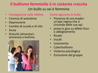 Il bullismo femminile è in costante crescita
Un bullo su sei è femmina
• Conseguenze sulle vittime
• Carenza di autostima
• Depressione
• Cambio di scuola e di vita
• Ansia
• Disturbi alimentari:
anoressia e bulimia.
Come agiscono le bulle:
• Presenza di una leader:
un’ape regina che si
circonda delle sue api.
• prese in giro su difetti fisici
o abbigliamento
• Ricatti
• Insulti
• Isolamento
• Cyberbullismo
• Violenza psicologica
• Esclusione dal gruppo
 