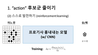 1.	
  “action”	
  후보군 줄이기
(2) 스스로 발전하기 (reinforcement	
  learning)
프로기사 흉내내는 모델
(w/	
  CNN)
어느 판 승/패
Training:
승
z	
  =	
 ...