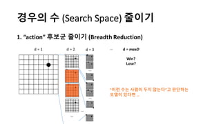경우의 수 (Search	
  Space) 줄이기
1.	
  “action”	
  후보군 줄이기 (Breadth	
  Reduction)
d	
  =	
  1 d	
  =	
  2
…
d	
  =	
  3
…
…
…
… d	
  =	
  maxD
Win?
Lose?
“이런 수는 사람이 두지 않는다”고 판단하는
모델이 있다면 …
 