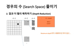 경우의 수 (Search	
  Space) 줄이기
2.	
  결과 더 빨리 예측하기 (Depth	
  Reduction)
d	
  =	
  1 d	
  =	
  2
…
d	
  =	
  3
…
… d	
  =	
  maxD
Win?
Lose?
Maximum	
  depth까지 시뮬레이션 하지 않고 ..
 