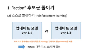 1.	
  “action”	
  후보군 줄이기
(2) 스스로 발전하기 (reinforcement	
  learning)
업데이트 모델
ver 1.1
업데이트 모델
ver 1.3VS
Return:	
  대국 기보, 승/패자 정보
프로기사 흉내내는 모델과 똑같은 topology,	
  업데이트 된 parameters를 사용
 