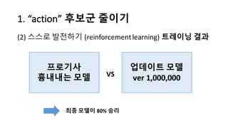 1.	
  “action”	
  후보군 줄이기
(2) 스스로 발전하기 (reinforcement	
  learning)	
  트레이닝 결과
업데이트 모델
ver 1,000,000VS
최종 모델이 80% 승리
프로기사
흉내내는 모델
 