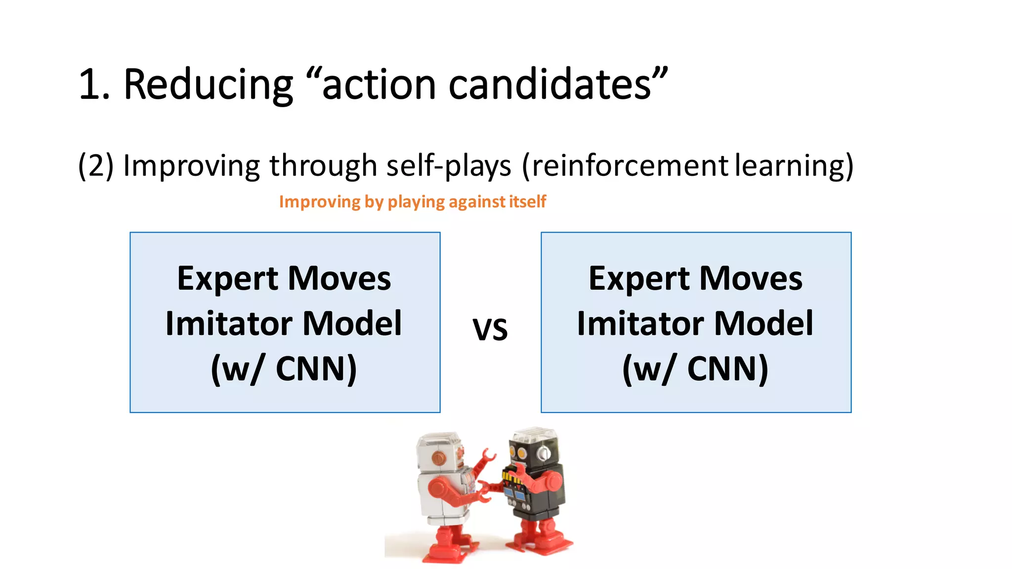 1.	
  Reducing	
  “action	
  candidates”
(2) Improving	
  through	
  self-­‐plays	
  (reinforcement	
  learning)
Expert	
  Moves	
  
Imitator	
  Model
(w/	
  CNN)
Expert	
  Moves	
  
Imitator	
  Model
(w/	
  CNN)
VS
Improving	
  by	
  playing	
  against	
  itself
 