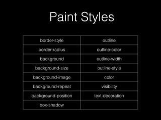 Paint Styles
border-style outline
border-radius outline-color
background outline-width
background-size outline-style
background-image color
background-repeat visibility
background-position text-decoration
box-shadow
 