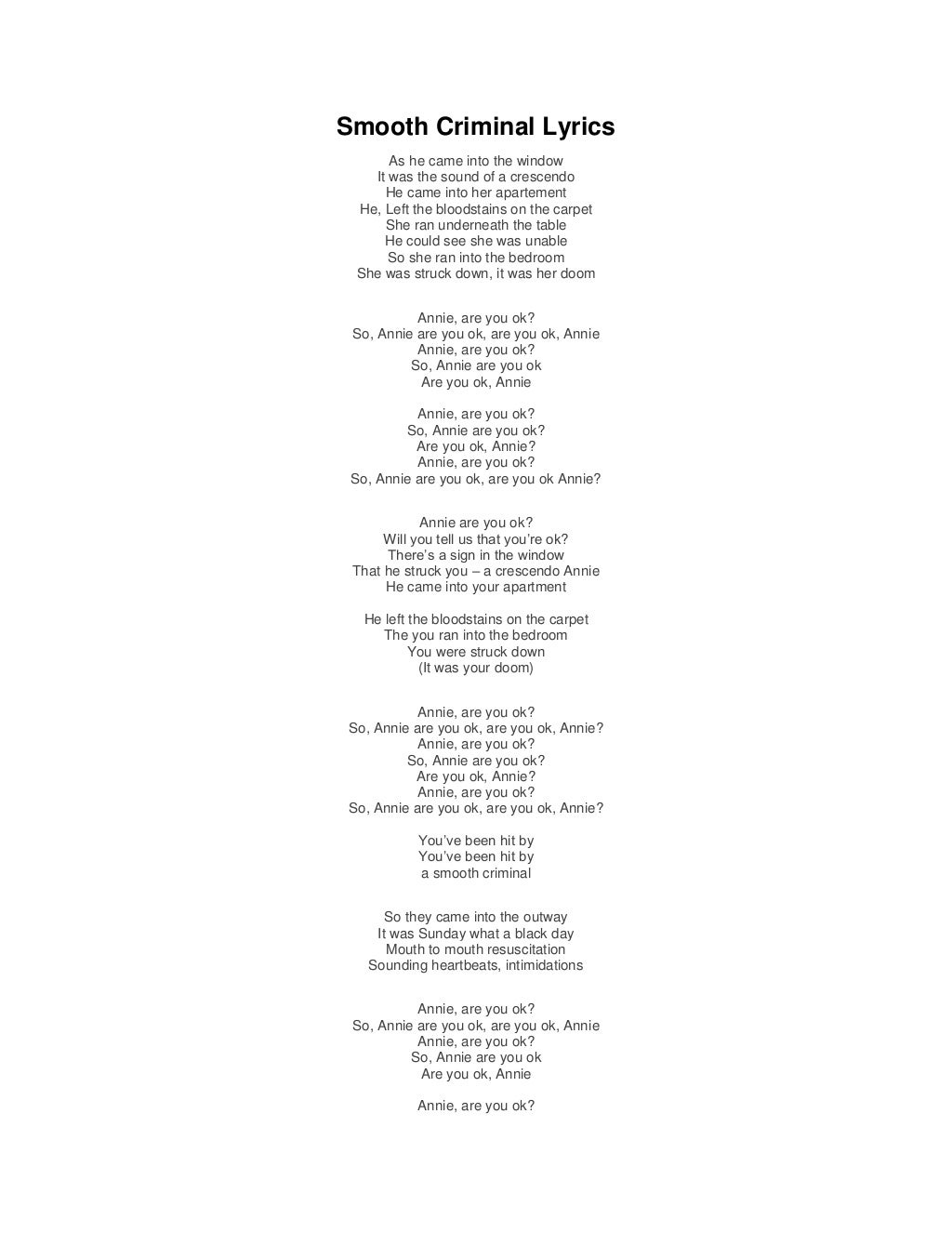 Smooth criminal lyrics Michael Jackson