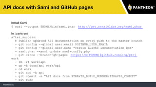 Pantheon.io
API docs with Sami and GitHub pages
Install Sami
$ curl --output $HOME/bin/sami.phar http://get.sensiolabs.org...