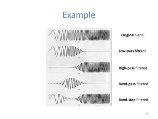 Example
20
Original signal
Low-pass filtered
High-pass filtered
Band-pass filtered
Band-stop filtered
 