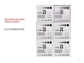 Gaussian Low pass
Filters (FLPFs)
D0=5,15,30,80,and 230
29
 