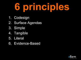 6 principles Codesign Surface Agendas Simple Tangible Literal Evidence-Based 
