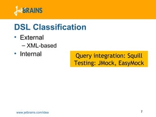 DSL Classification External XML-based Internal Query integration: Squill Testing: JMock, EasyMock 