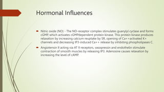 Hormonal Influences
 Nitric oxide (NO) - The NO-receptor complex stimulates guanylyl cyclase and forms
cGMP, which activates cGMPdependent protein kinase. This protein kinase produces
relaxation by increasing calcium reuptake by SR, opening of Ca++activated K+
channels and decreasing IP3-induced Ca++ release by inhibiting phospholipases C.
 Angiotensin II acting via AT II receptors, vasopressin and endothelin stimulate
contraction of smooth muscles by releasing IP3. Adenosine causes relaxation by
increasing the level of cAMP.
 
