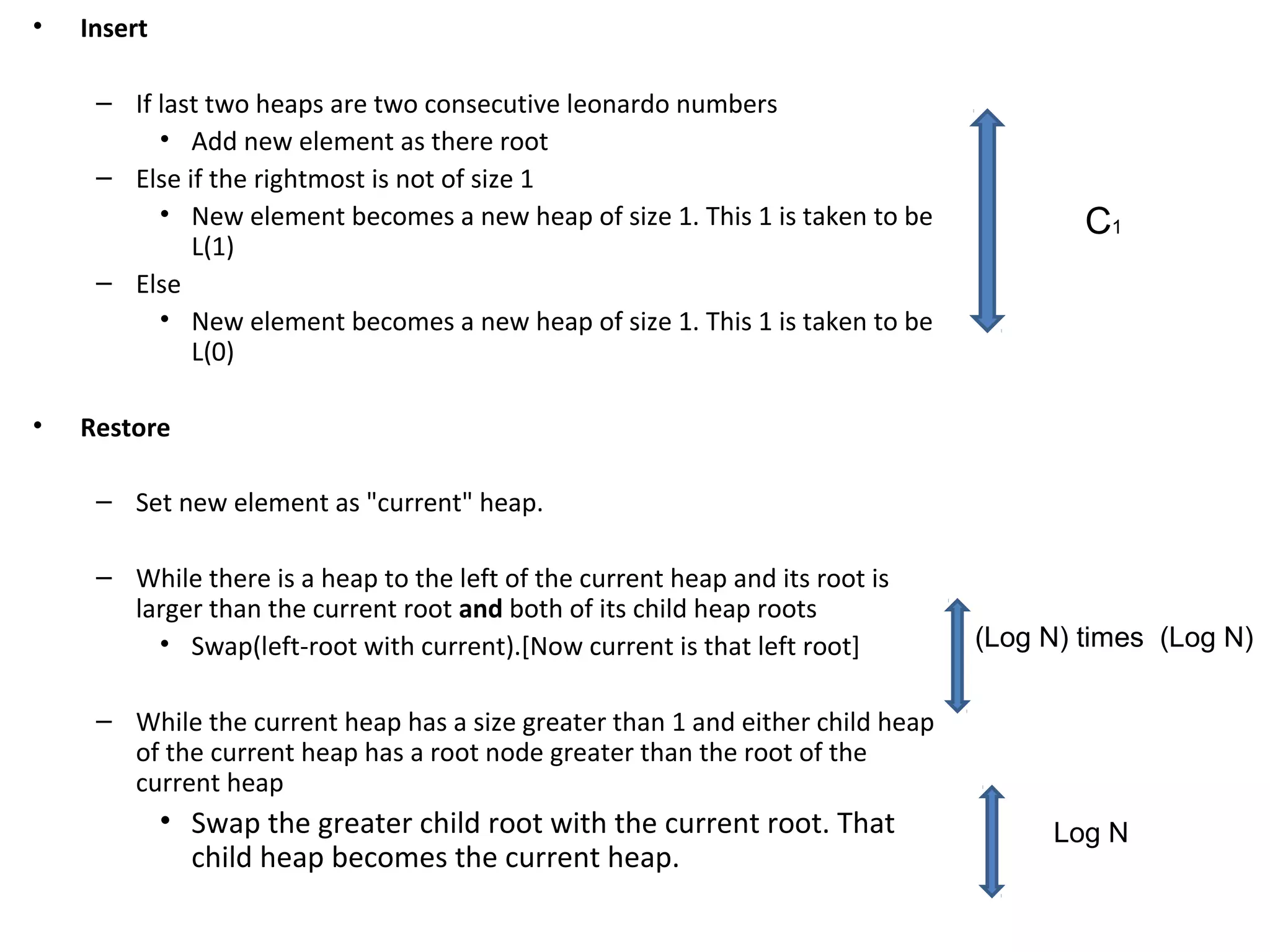 • Insert
– If last two heaps are two consecutive leonardo numbers
• Add new element as there root
– Else if the rightmost is not of size 1
• New element becomes a new heap of size 1. This 1 is taken to be
L(1)
– Else
• New element becomes a new heap of size 1. This 1 is taken to be
L(0)
• Restore
– Set new element as "current" heap.
– While there is a heap to the left of the current heap and its root is
larger than the current root and both of its child heap roots
• Swap(left-root with current).[Now current is that left root]
– While the current heap has a size greater than 1 and either child heap
of the current heap has a root node greater than the root of the
current heap
• Swap the greater child root with the current root. That
child heap becomes the current heap.
C1
(Log N) times (Log N)
Log N
 
