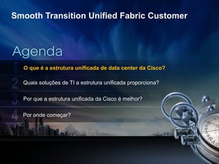 Smooth Transition Unified Fabric Customer




      O que é a estrutura unificada de data center da Cisco?

      Quais soluções de TI a estrutura unificada proporciona?

      Por que a estrutura unificada da Cisco é melhor?

      Por onde começar?




1
 