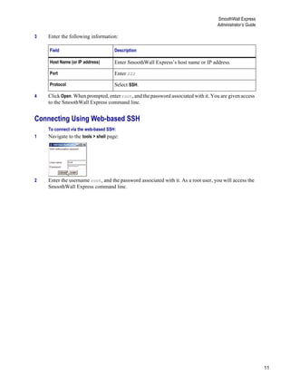 11
SmoothWall Express
Administrator’s Guide
Version
1
3 Enter the following information:
4 Click Open. When prompted, enter root, and the password associated with it. You are given access
to the SmoothWall Express command line.
Connecting Using Web-based SSH
To connect via the web-based SSH:
1 Navigate to the tools > shell page:
2 Enter the username root, and the password associated with it. As a root user, you will access the
SmoothWall Express command line.
Field Description
Host Name (or IP address) Enter SmoothWall Express’s host name or IP address.
Port Enter 222
Protocol Select SSH.
 