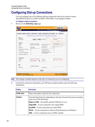 Controlling Network Traffic
Configuring Dial-up Connections
26
Version
1
Configuring Dial-up Connections
You can configure up to five different dial-up connections that can be used to connect
SmoothWall Express to an ISP via ISDN, USB ADSL or an analogue modem.
To configure a dial-up connection:
1 Browse to the Networking > ppp page:
Note: The settings available depend on the type of connection you are configuring.
2 Consult the connection information your ISP has provided and then enter the following
information:
Setting Information
Profile name Enter a descriptive name for the connection.
Interface From the drop-down list, depending on the type of connection you are creating,
select one of the following:
Modem on COM – the modem and the COM port it is on
Single ISDN – if your connection uses single ISDN
Dual ISDN – if your connection uses dual ISDN
PPPoE – if your connection is Point-to-Point Protocol over Ethernet
ADSL – if your connection uses an ADSL modem.
 