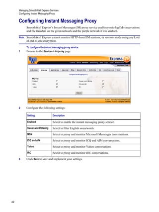Managing SmoothWall Express Services
Configuring Instant Messaging Proxy
42
Version
1
Configuring Instant Messaging Proxy
SmoothWall Express’s Instant Messenger (IM) proxy service enables you to log IM conversations
and file transfers on the green network and the purple network if it is enabled.
Note: SmoothWall Express cannot monitor HTTP-based IM sessions, or sessions made using any kind
of end-to-end encryption.
To configure the instant messaging proxy service:
1 Browse to the Services > im proxy page:
2 Configure the following settings:
3 Click Save to save and implement your settings.
Setting Description
Enabled Select to enable the instant messaging proxy service.
Swear-word filtering Select to filter English swearwords.
MSN Select to proxy and monitor Microsoft Messenger conversations.
ICQ and AIM Select to proxy and monitor ICQ and AIM conversations.
Yahoo Select to proxy and monitor Yahoo conversations.
IRC Select to proxy and monitor IRC conversations.
 