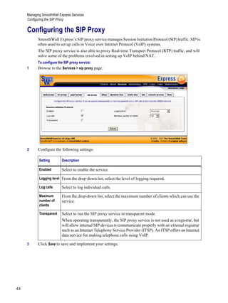 Managing SmoothWall Express Services
Configuring the SIP Proxy
44
Version
1
Configuring the SIP Proxy
SmoothWall Express’s SIP proxy service manages Session Initiation Protocol (SIP) traffic. SIP is
often used to set up calls in Voice over Internet Protocol (VoIP) systems.
The SIP proxy service is also able to proxy Real-time Transport Protocol (RTP) traffic, and will
solve some of the problems involved in setting up VoIP behind NAT.
To configure the SIP proxy service:
1 Browse to the Services > sip proxy page:
2 Configure the following settings:
3 Click Save to save and implement your settings.
Setting Description
Enabled Select to enable the service.
Logging level From the drop-down list, select the level of logging required.
Log calls Select to log individual calls.
Maximum
number of
clients
From the drop-down list, select the maximum number of clients which can use the
service.
Transparent Select to run the SIP proxy service in transparent mode.
When operating transparently, the SIP proxy service is not used as a registrar, but
will allow internal SIP devices to communicate properly with an external registrar
such as an Internet Telephony Service Provider (ITSP). An ITSP offers an Internet
data service for making telephone calls using VoIP.
 